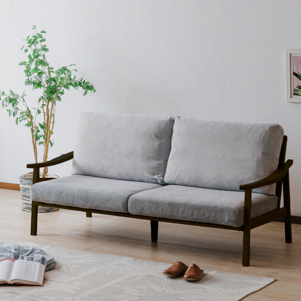 ソファ 3人掛け 幅180cm ブラックフレーム ( ソファー リビングソファ 木製 天然木 背もたれ 座面 クッション 取り外し ファブリック カバーリング 取り外し可能 脚付き 背クッション 柔らかい おしゃれ ) 【ライトグレー】 ライトグレー