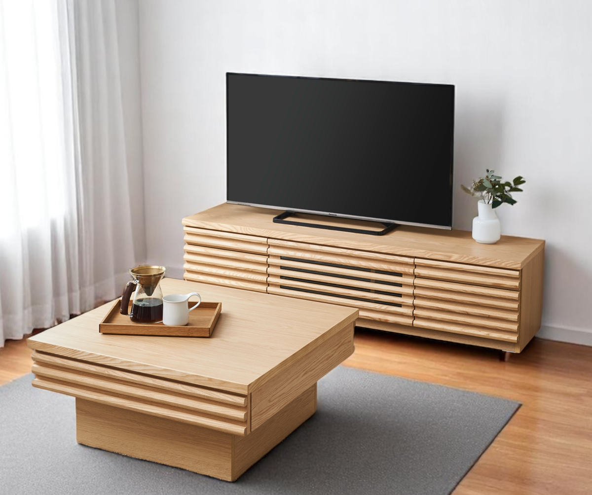 テレビ台 幅160cm ローボード 70型対応 天然木 完成品 ( TV台 テレビボード 収納 家具 ラック フラップ扉 無垢 引き出し 可動棚 リビングボード ルーバー ナチュラル ウォールナット ) 【ナチュラル】 ナチュラル