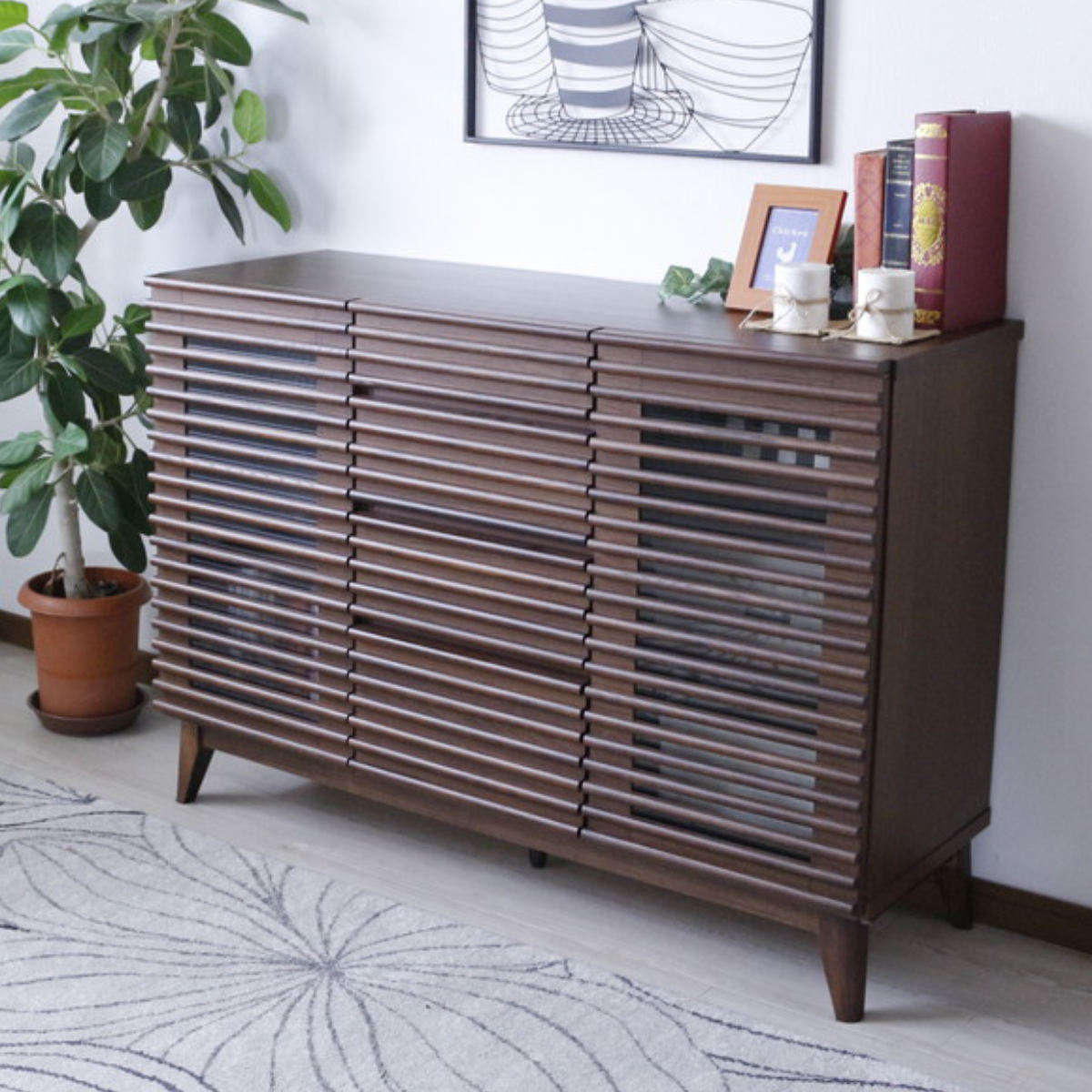 サイドボード 幅120cm 背面化粧 フルスライドレール 完成品 ( 棚 ラック 引き出し A4対応 収納 可動棚 テレビ台 リビングボード 4段 省スペース ナチュラル ブラウン お掃除ロボット対応 ) 【ブラウン】 ブラウン