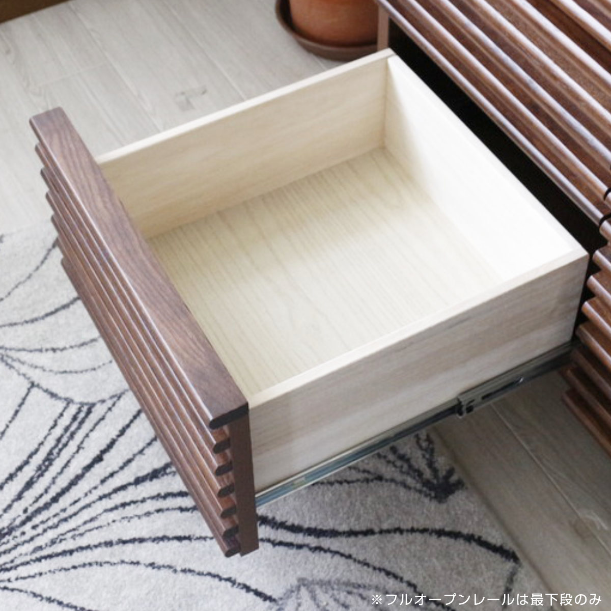 サイドボード 幅120cm 背面化粧 フルスライドレール 完成品 ( 棚 ラック 引き出し A4対応 収納 可動棚 テレビ台 リビングボード 4段 省スペース ナチュラル ブラウン お掃除ロボット対応 ) 【ブラウン】 ブラウン