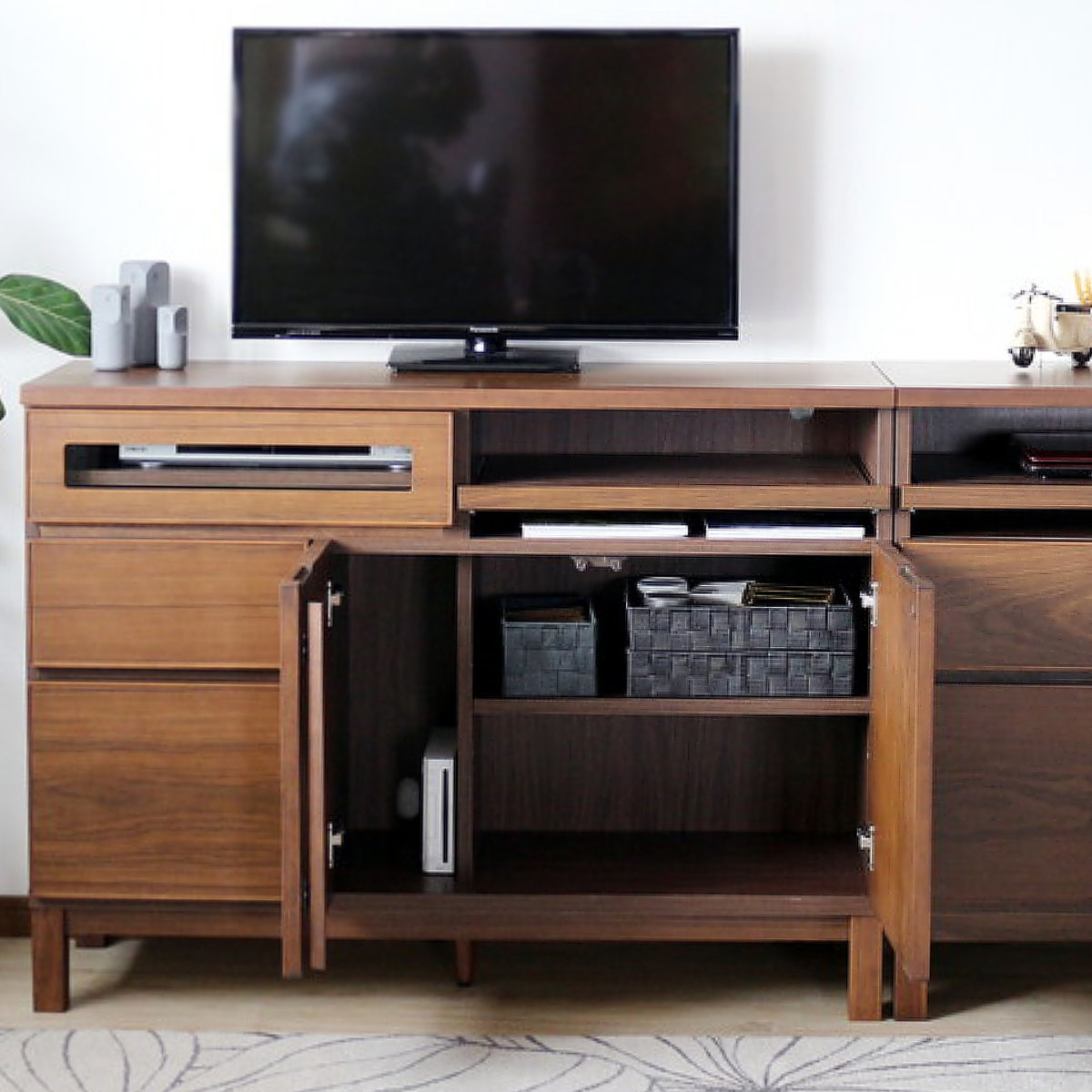 サイドボード 幅120cm テーブル付 背面化粧 フルスライドレール 完成品 ( 棚 ラック 引き出し スライドテーブル 省スペース テレビ台 作業台 家事机 ビューロー デスク ウォールナット ナチュラル ) 【ウォールナット】 ウォールナット