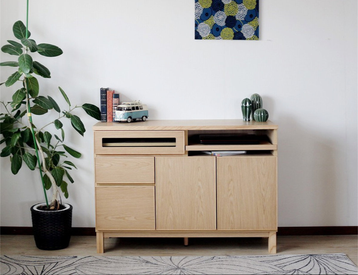 サイドボード 幅120cm テーブル付 背面化粧 フルスライドレール 完成品 ( 棚 ラック 引き出し スライドテーブル 省スペース テレビ台 作業台 家事机 ビューロー デスク ウォールナット ナチュラル ) 【ウォールナット】 ウォールナット