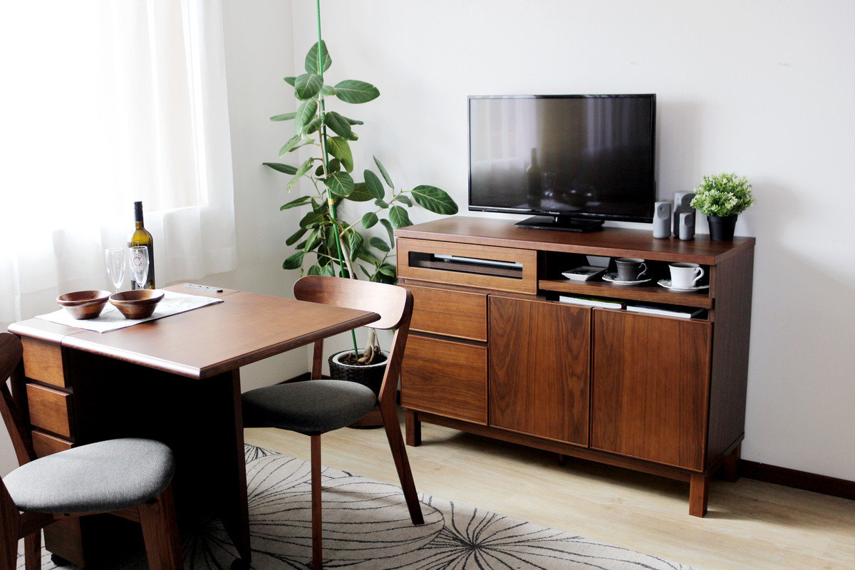 サイドボード 幅120cm テーブル付 背面化粧 フルスライドレール 完成品 ( 棚 ラック 引き出し スライドテーブル 省スペース テレビ台 作業台 家事机 ビューロー デスク ウォールナット ナチュラル ) 【ウォールナット】 ウォールナット