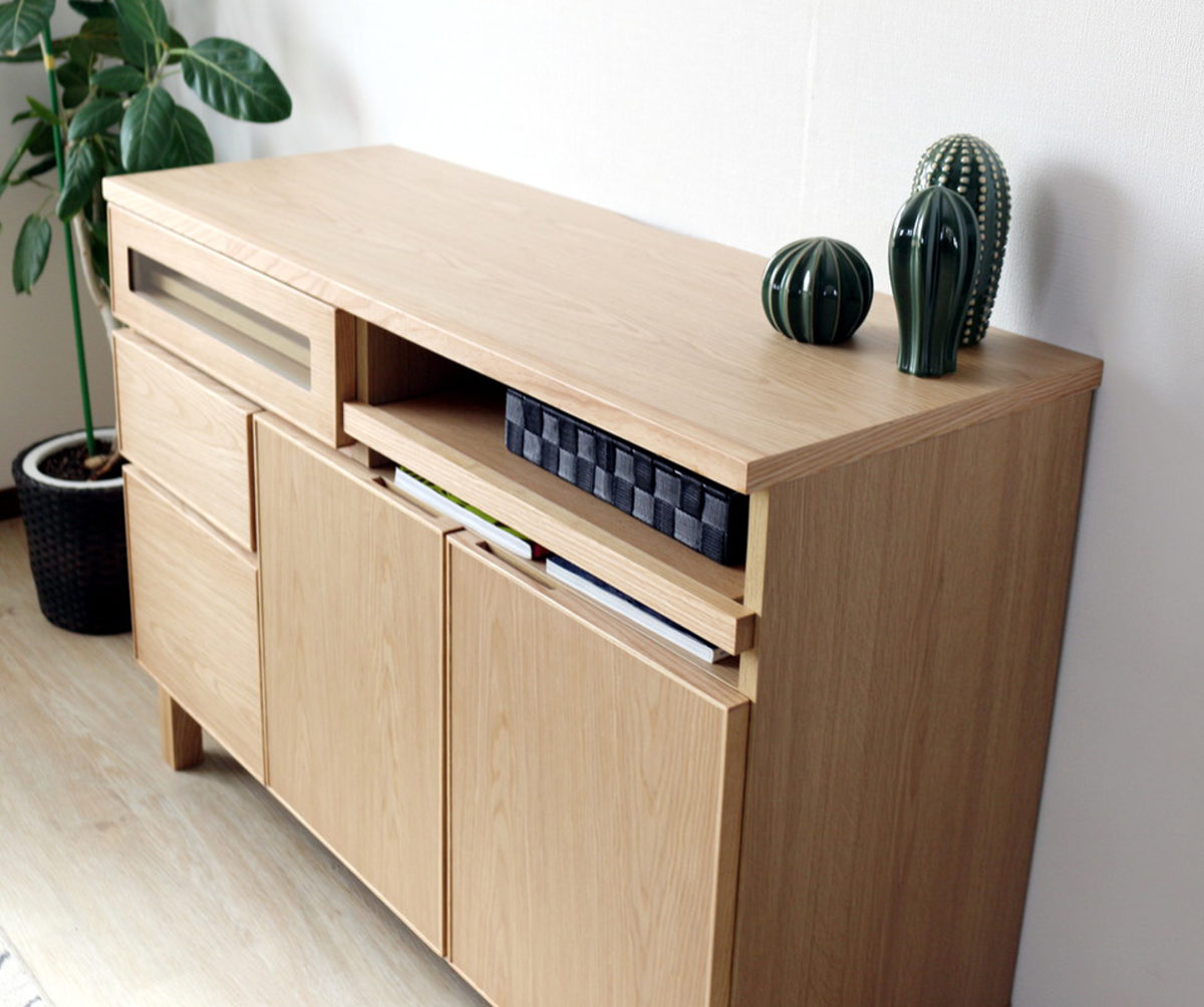 サイドボード 幅120cm テーブル付 背面化粧 フルスライドレール 完成品 ( 棚 ラック 引き出し スライドテーブル 省スペース テレビ台 作業台 家事机 ビューロー デスク ウォールナット ナチュラル ) 【ウォールナット】 ウォールナット