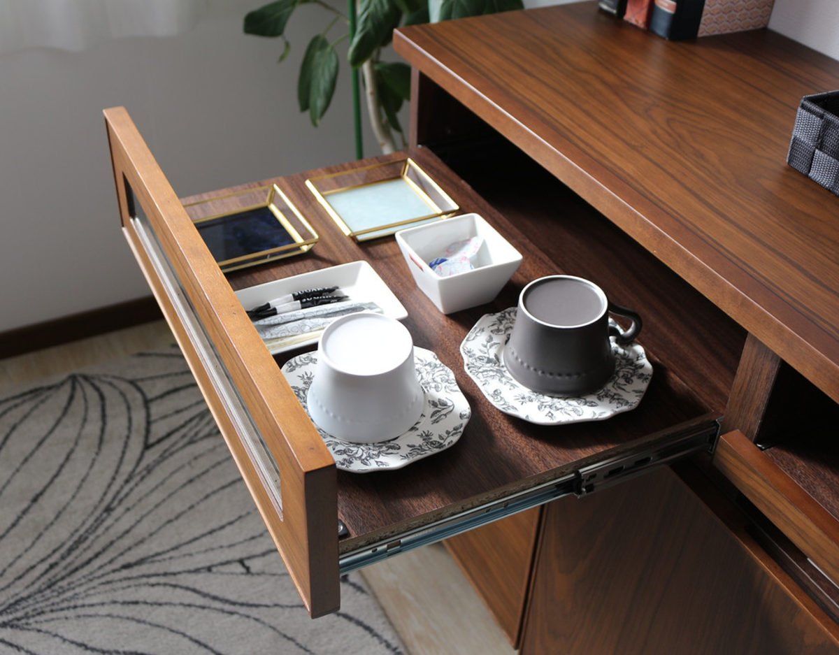 サイドボード 幅120cm テーブル付 背面化粧 フルスライドレール 完成品 ( 棚 ラック 引き出し スライドテーブル 省スペース テレビ台 作業台 家事机 ビューロー デスク ウォールナット ナチュラル ) 【ウォールナット】 ウォールナット