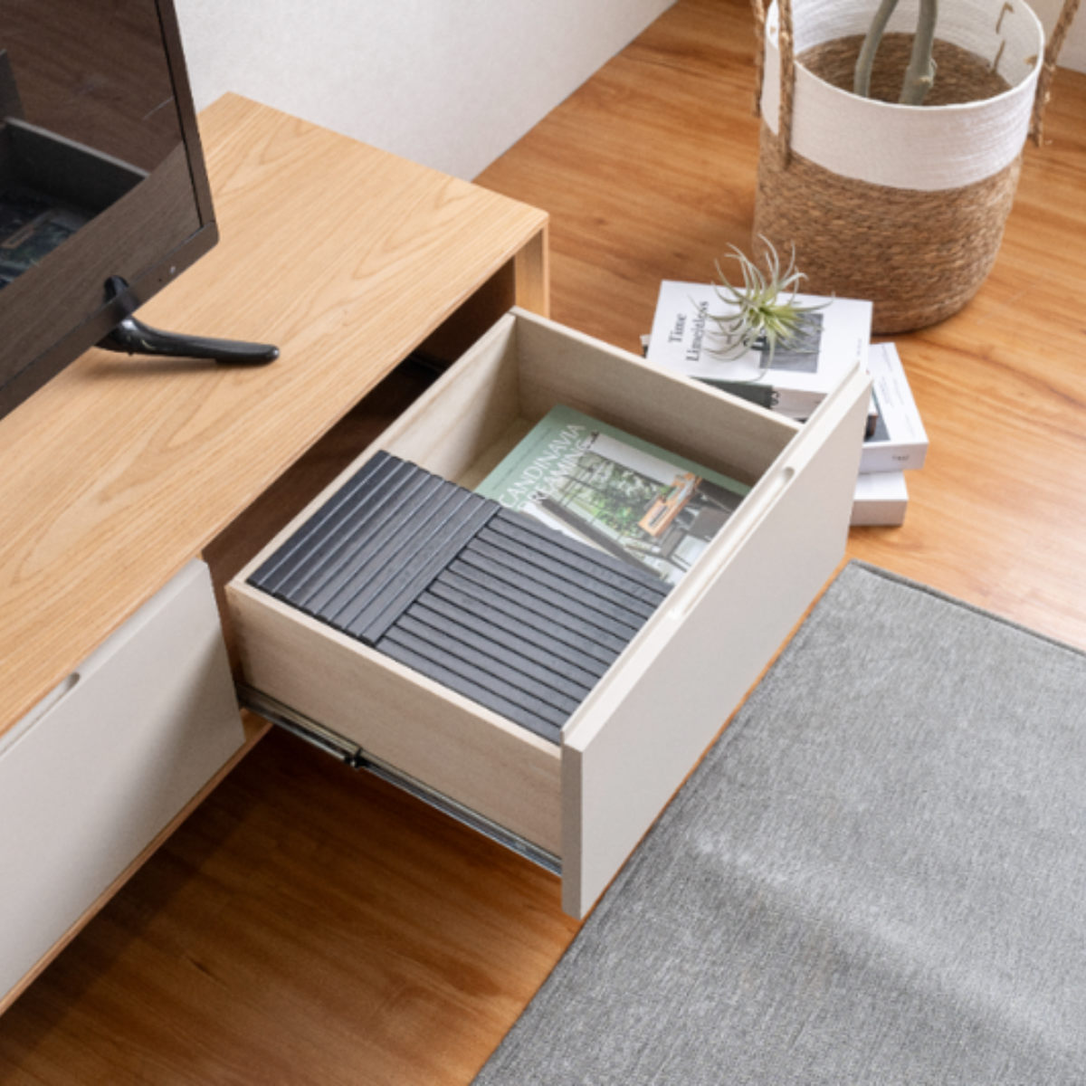 テレビ台 幅210cm 脚付き フルスライドレール 天然木 完成品 ( ローボード 引出し ラック 棚 収納 ニュアンス くすみカラー リビングボード 省スペース ツートンカラー お掃除ロボット対応 )