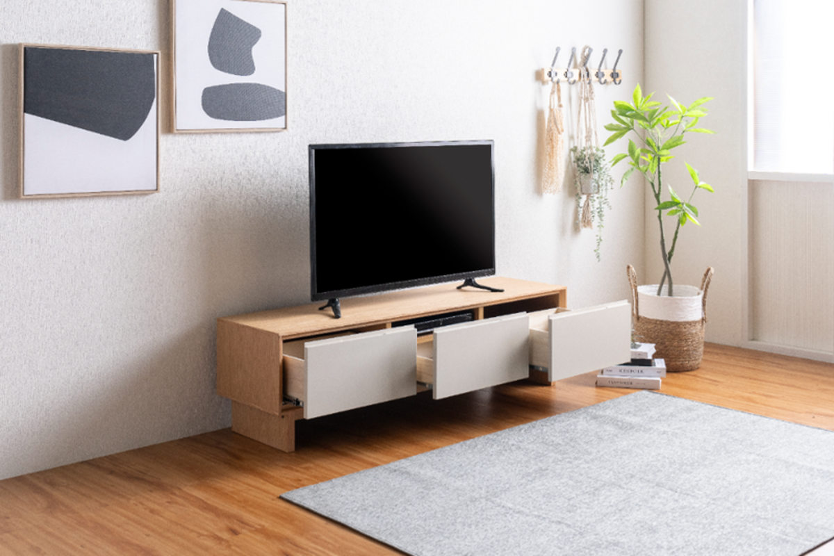 テレビ台 幅210cm 脚付き フルスライドレール 天然木 完成品 ( ローボード 引出し ラック 棚 収納 ニュアンス くすみカラー リビングボード 省スペース ツートンカラー お掃除ロボット対応 )