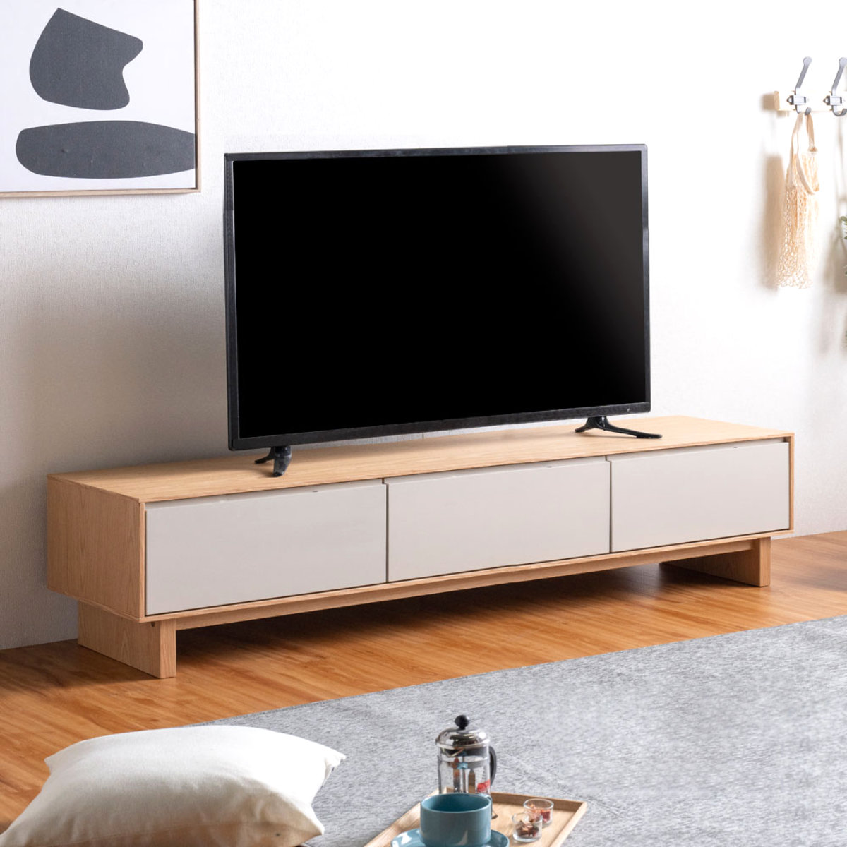 テレビ台 幅210cm 脚付き フルスライドレール 天然木 完成品 ( ローボード 引出し ラック 棚 収納 ニュアンス くすみカラー リビングボード 省スペース ツートンカラー お掃除ロボット対応 )