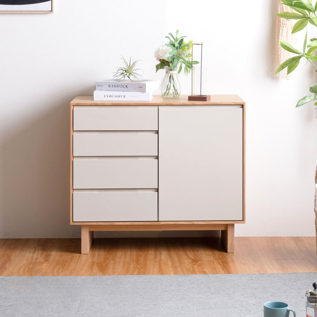 サイドボード 幅80cm 背面化粧 フルスライドレール 天然木 完成品 ( 棚 ラック 引き出し A4対応 収納 可動棚 ニュアンス くすみカラー リビングボード 4段 省スペース ツートンカラー お掃除ロボット対応 )