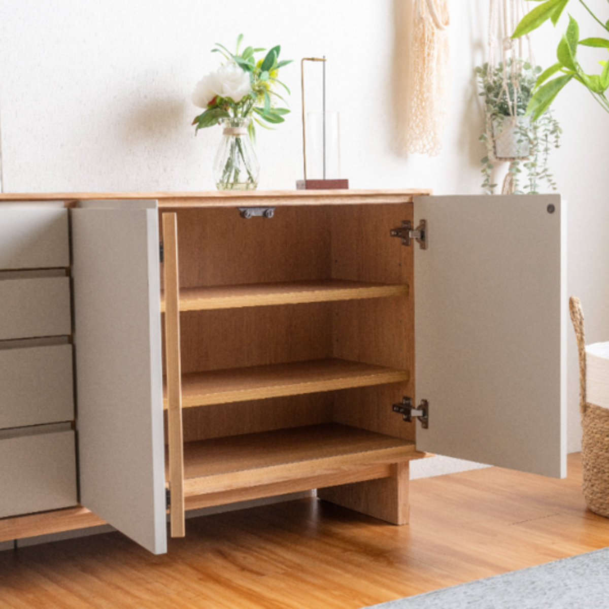 サイドボード 幅120cm 背面化粧 フルスライドレール 天然木 完成品 ( 棚 ラック 引き出し A4対応 収納 可動棚 ニュアンス くすみカラー リビングボード 4段 省スペース ツートンカラー お掃除ロボット対応 )
