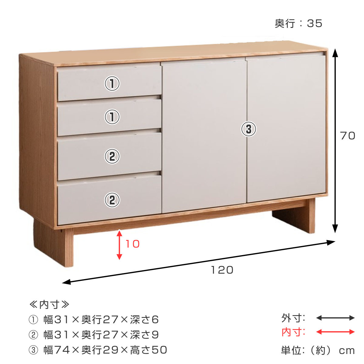 サイドボード 幅120cm 背面化粧 フルスライドレール 天然木 完成品 ( 棚 ラック 引き出し A4対応 収納 可動棚 ニュアンス くすみカラー リビングボード 4段 省スペース ツートンカラー お掃除ロボット対応 )