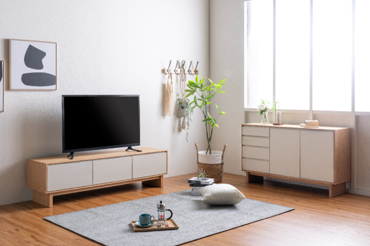 サイドボード 幅140cm 背面化粧 フルスライドレール 天然木 完成品 ( 棚 ラック 引き出し A4対応 収納 可動棚 ニュアンス くすみカラー リビングボード 4段 省スペース ツートンカラー お掃除ロボット対応 )