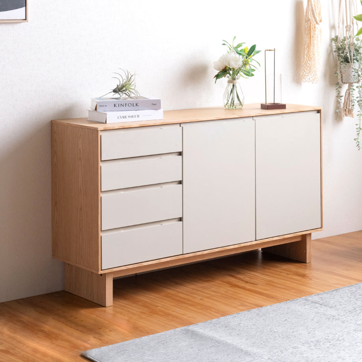 サイドボード 幅140cm 背面化粧 フルスライドレール 天然木 完成品 ( 棚 ラック 引き出し A4対応 収納 可動棚 ニュアンス くすみカラー リビングボード 4段 省スペース ツートンカラー お掃除ロボット対応 )