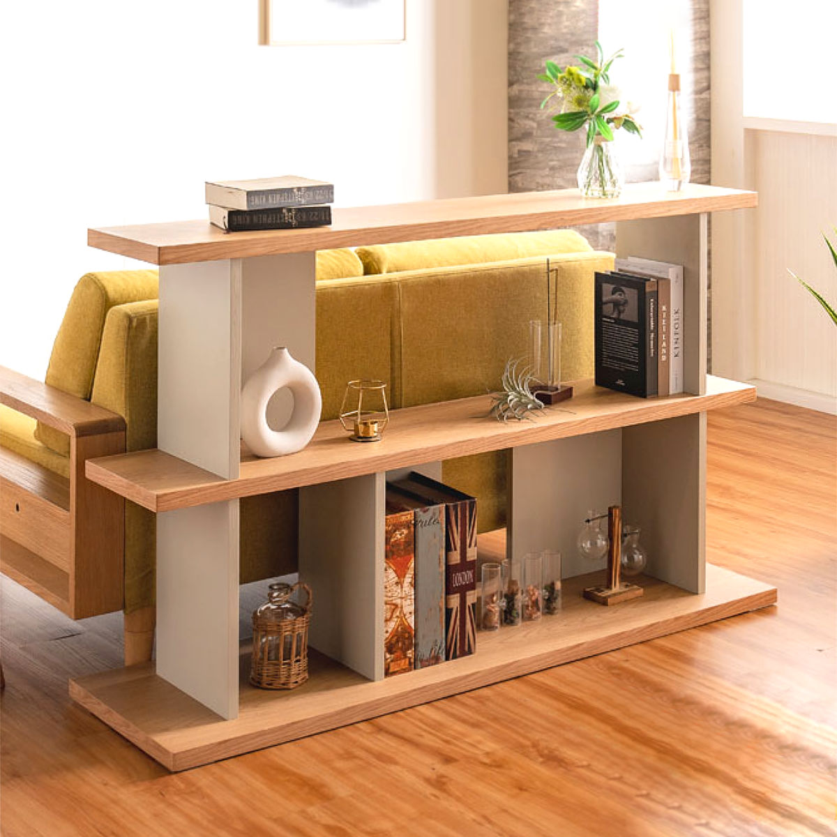 オープンシェルフ 幅140cm 天然木 くすみカラー ( シェルフ バックシェルフ 飾り棚 ラック 収納 ニュアンスカラー 完成品 リビングボード ソファバック 間仕切 ディスプレイ 省スペース ツートンカラー )