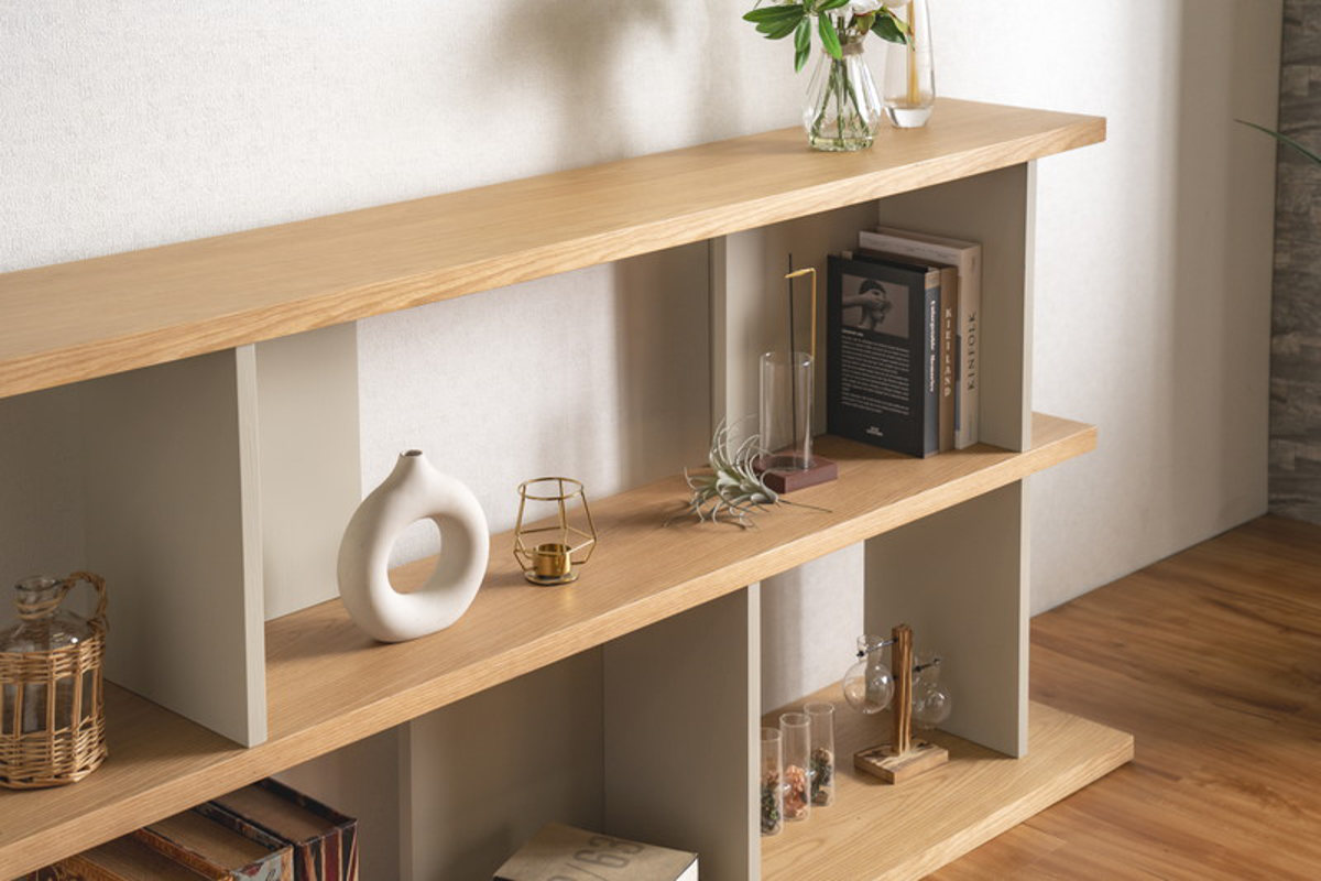 オープンシェルフ 幅180cm 天然木 くすみカラー ( シェルフ バックシェルフ 飾り棚 ラック 収納 ニュアンスカラー 完成品 リビングボード ソファバック 間仕切 ディスプレイ 省スペース ツートンカラー )