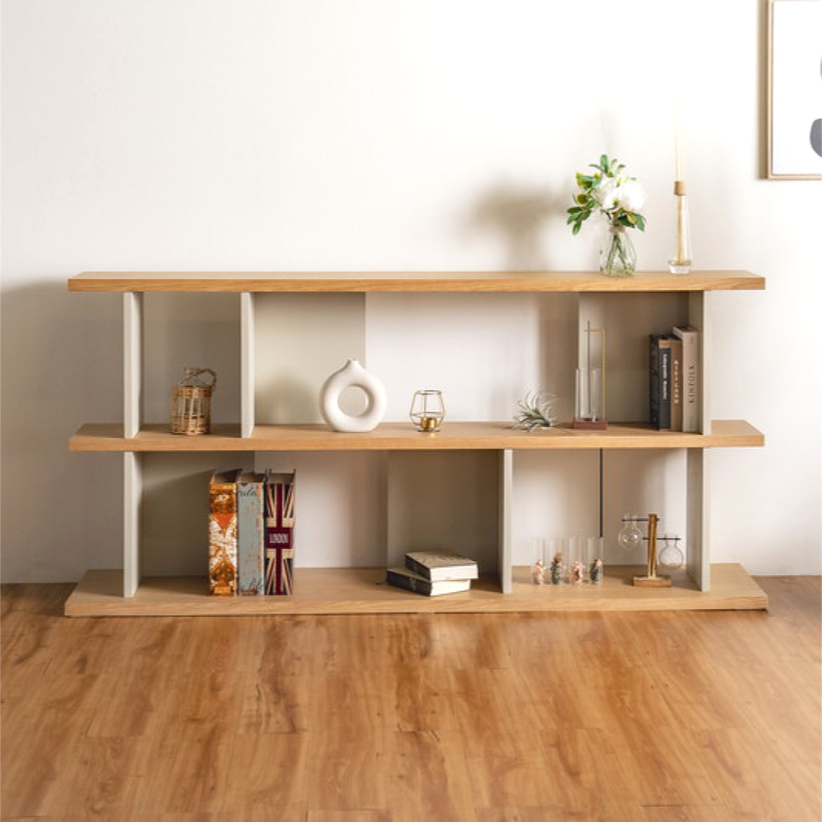 オープンシェルフ 幅180cm 天然木 くすみカラー ( シェルフ バックシェルフ 飾り棚 ラック 収納 ニュアンスカラー 完成品 リビングボード ソファバック 間仕切 ディスプレイ 省スペース ツートンカラー )