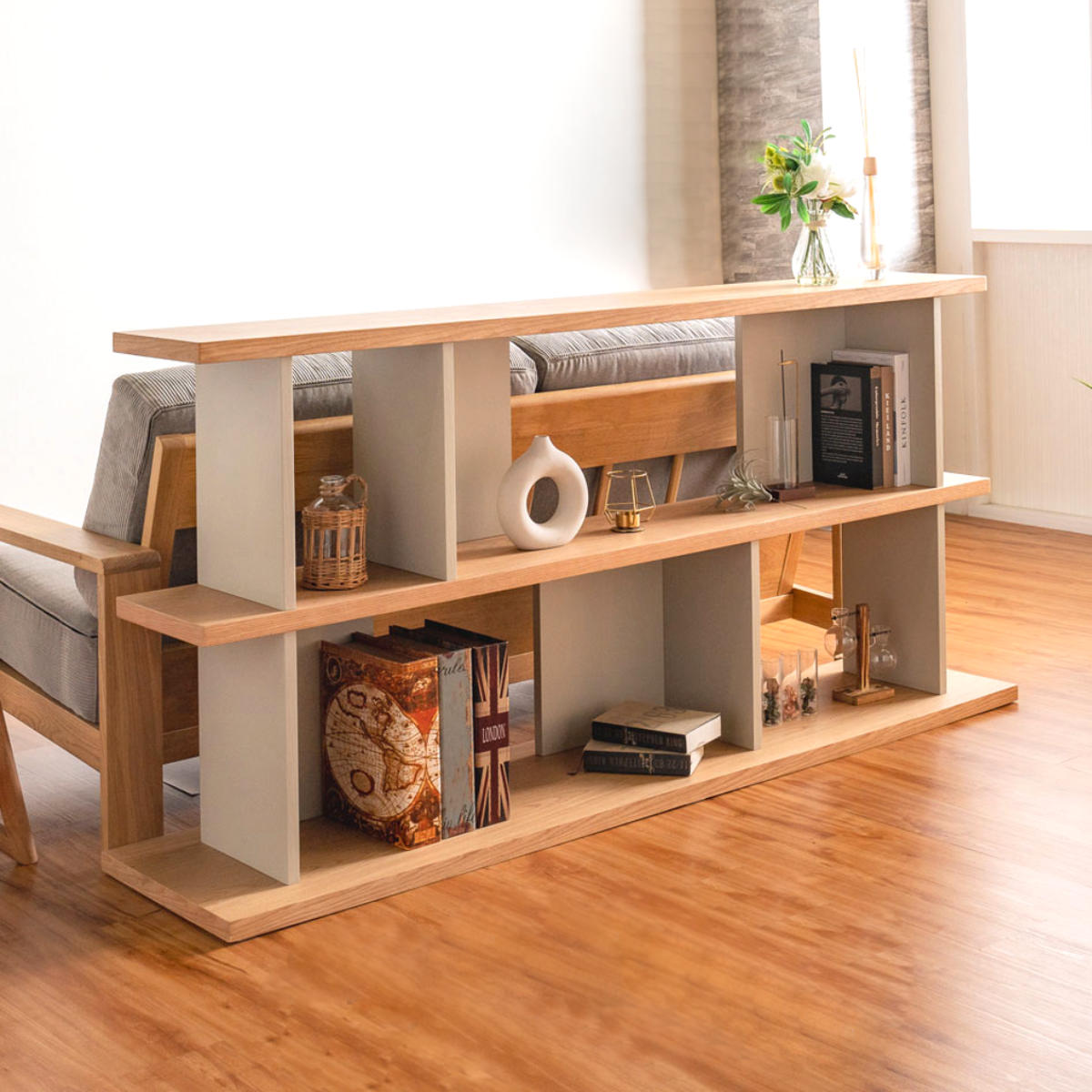 オープンシェルフ 幅180cm 天然木 くすみカラー ( シェルフ バックシェルフ 飾り棚 ラック 収納 ニュアンスカラー 完成品 リビングボード ソファバック 間仕切 ディスプレイ 省スペース ツートンカラー )