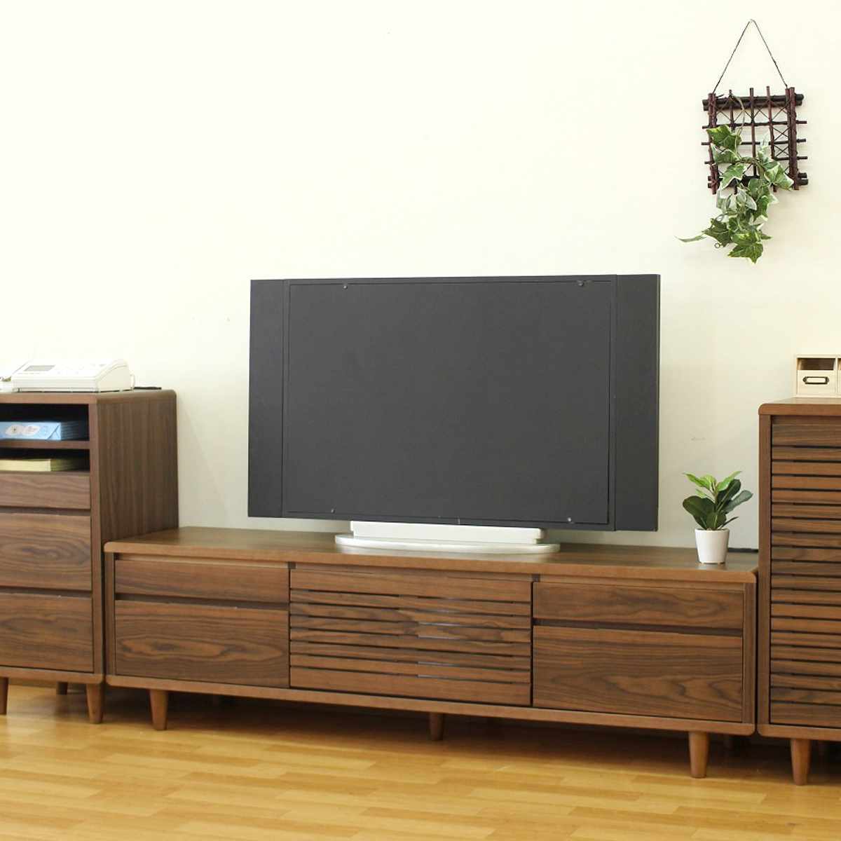 テレビ台 幅200cm 背面化粧 リモコンOK 天然木 完成品 ( ローボード 引出し ラック 棚 収納 フラップ扉 リビングボード 省スペース お掃除ロボット対応 ウォールナット ナチュラル ) 【ナチュラル】 ナチュラル