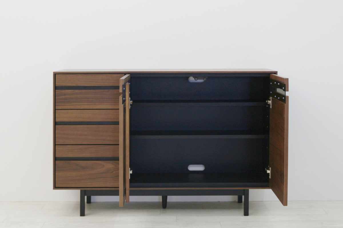 サイドボード 幅120cm 背面化粧 天然木 完成品 ( 棚 ラック 引き出し A4対応 収納 可動棚 テレビ台 リビングボード 3段 省スペース お掃除ロボット対応 グレー ウォールナット ) 【ウォールナット】 ウォールナット