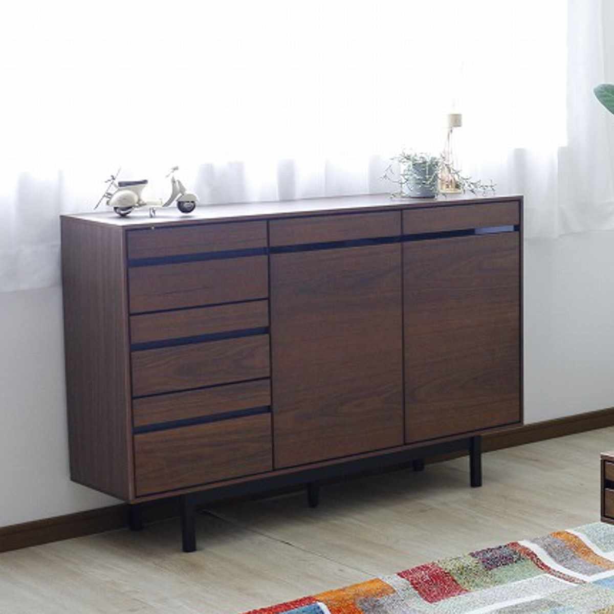 サイドボード 幅120cm 背面化粧 天然木 完成品 ( 棚 ラック 引き出し A4対応 収納 可動棚 テレビ台 リビングボード 3段 省スペース お掃除ロボット対応 グレー ウォールナット ) 【ウォールナット】 ウォールナット