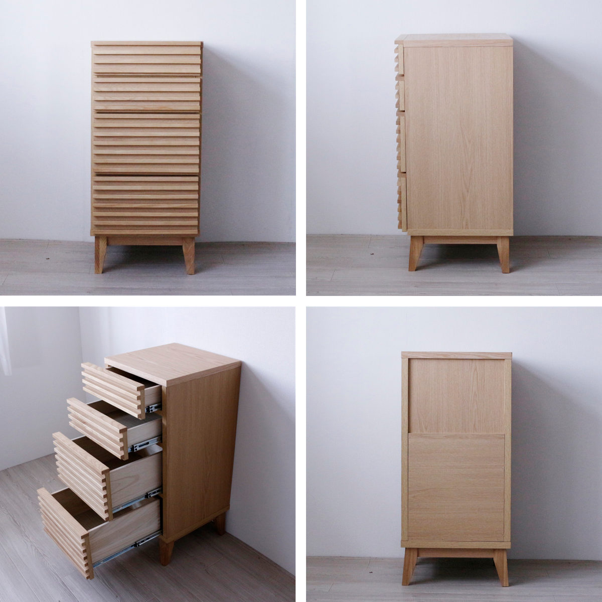 チェスト 幅41cm 4段 ルーバーデザイン 天然木 完成品 ( 棚 ラック 引出し フルスライドレール 木製 お掃除ロボット対応 リビングボード キッチン 食器棚 4杯 ブラウン ナチュラル ) 【ブラウン】 ブラウン