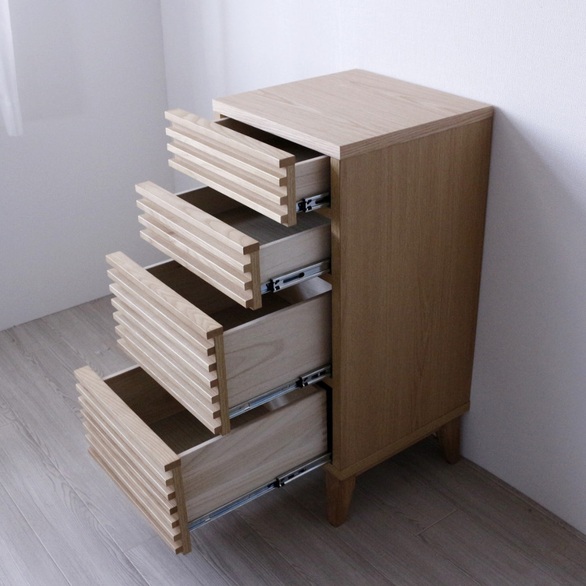 チェスト 幅41cm 4段 ルーバーデザイン 天然木 完成品 ( 棚 ラック 引出し フルスライドレール 木製 お掃除ロボット対応 リビングボード キッチン 食器棚 4杯 ブラウン ナチュラル ) 【ブラウン】 ブラウン