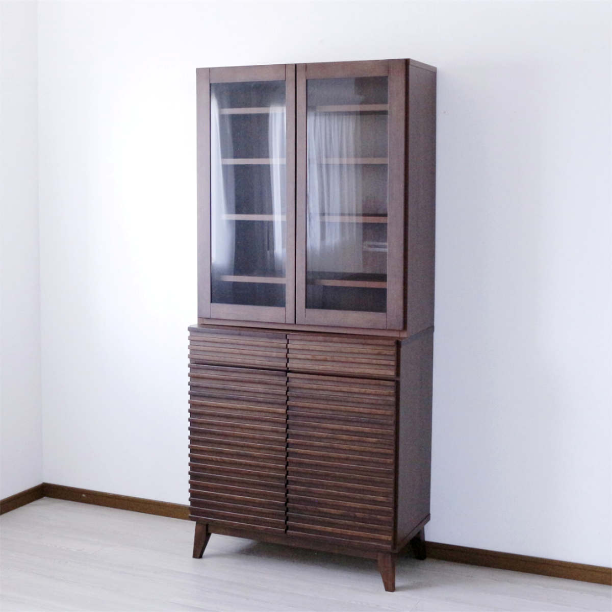 食器棚 幅80cm 高さ180cm ルーバーデザイン 天然木 ( カップボード キッチン 収納 フルスライドレール 食器収納 引き出し ブラウン ナチュラル 可動棚 ) 【ブラウン】 ブラウン