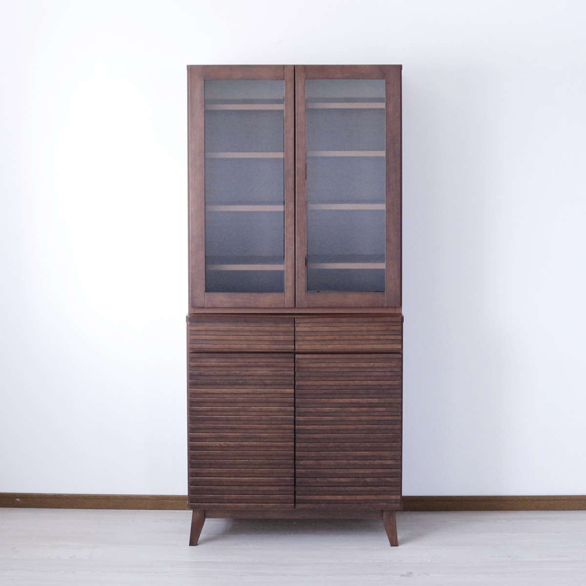 食器棚 幅80cm 高さ180cm ルーバーデザイン 天然木 ( カップボード キッチン 収納 フルスライドレール 食器収納 引き出し ブラウン ナチュラル 可動棚 ) 【ブラウン】 ブラウン