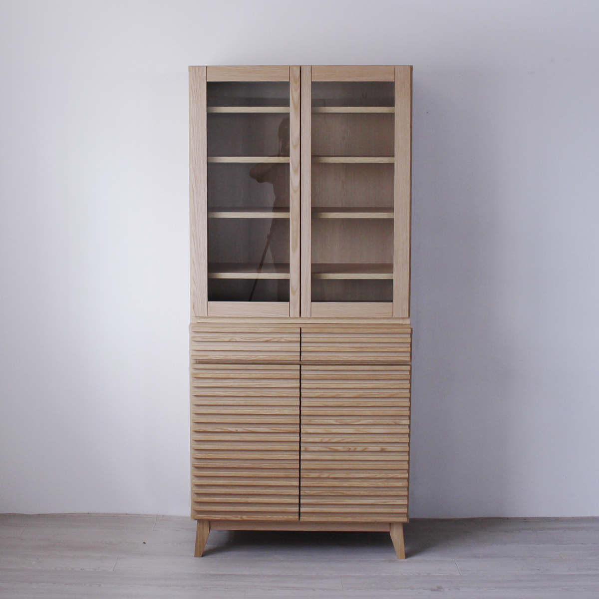 食器棚 幅80cm 高さ180cm ルーバーデザイン 天然木 ( カップボード キッチン 収納 フルスライドレール 食器収納 引き出し ブラウン ナチュラル 可動棚 ) 【ブラウン】 ブラウン