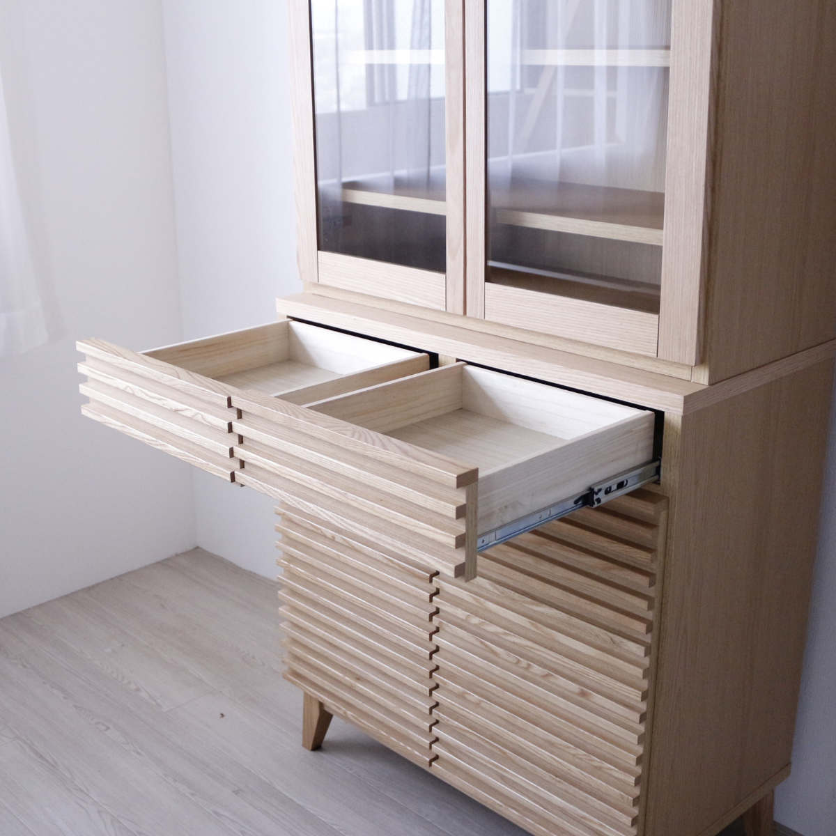 食器棚 幅80cm 高さ180cm ルーバーデザイン 天然木 ( カップボード キッチン 収納 フルスライドレール 食器収納 引き出し ブラウン ナチュラル 可動棚 ) 【ブラウン】 ブラウン