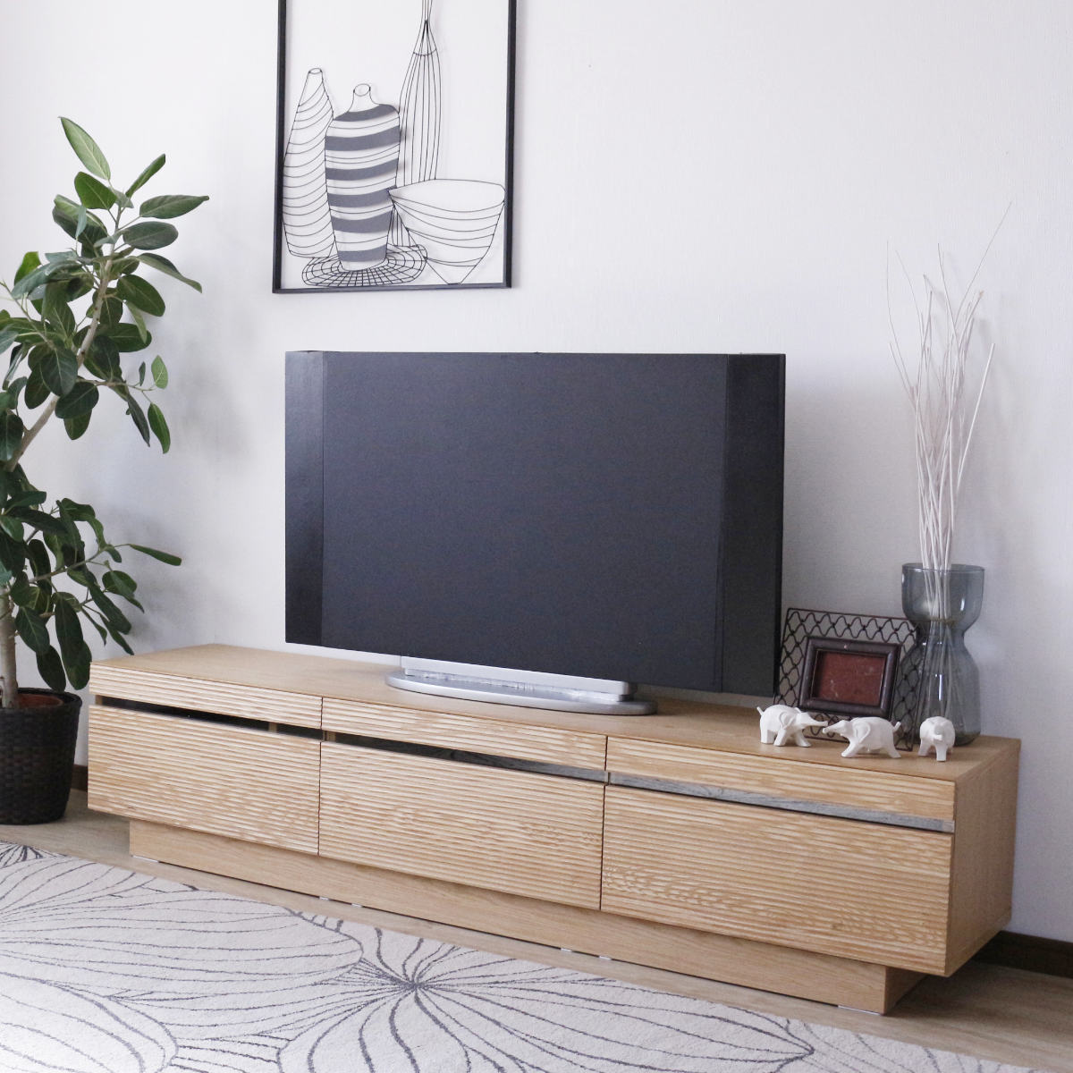 テレビ台 幅180.5cm 背面化粧 リモコンOK 天然木 完成品 ( ローボード 引出し ラック 棚 収納 フロート風 リビングボード フルオープンレール ナチュラル ウォールナット ) 【ナチュラル】 ナチュラル