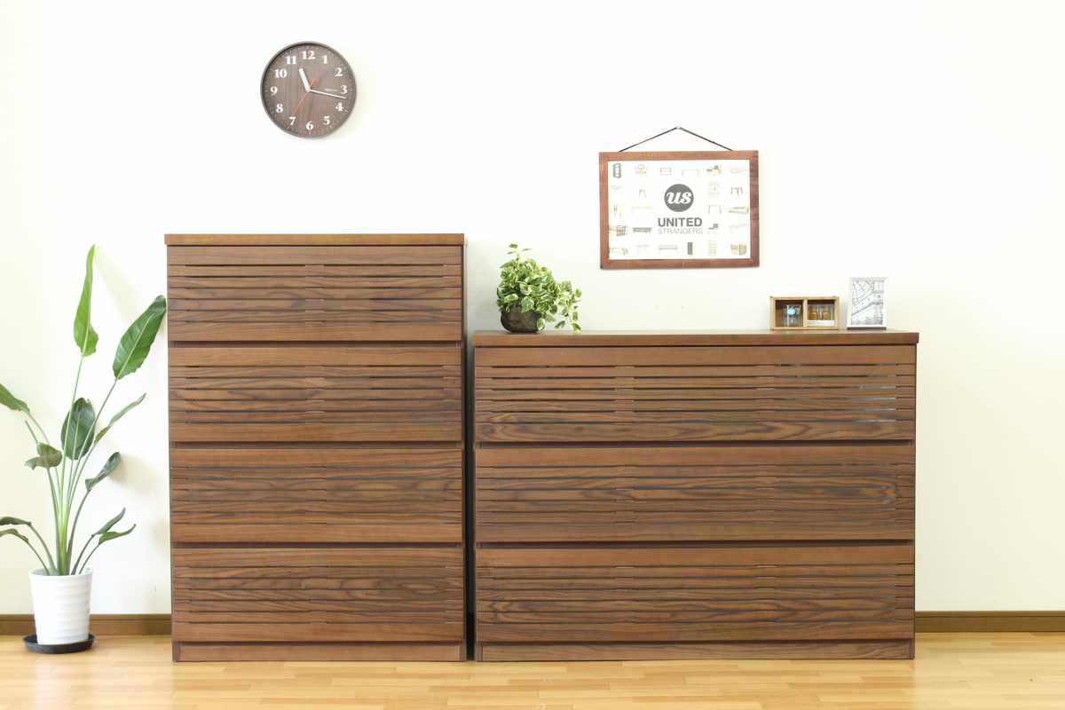 ハイチェスト 幅80cm 4段 フルオープン 天然木 完成品 ( チェスト ハイタイプ 衣類収納 棚 ラック フルスライドレール 木製 リビングボード 4杯 ナチュラル ウォールナット 背面化粧 桐 収納 ) 【ウォールナット】 ウォールナット