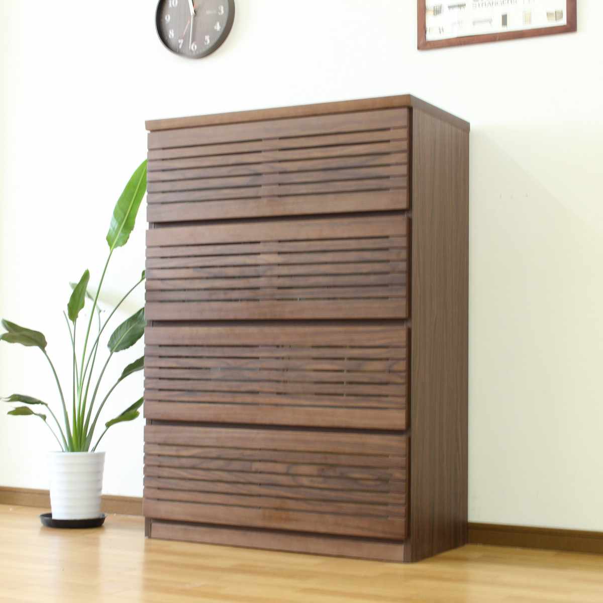 ハイチェスト 幅80cm 4段 フルオープン 天然木 完成品 ( チェスト ハイタイプ 衣類収納 棚 ラック フルスライドレール 木製 リビングボード 4杯 ナチュラル ウォールナット 背面化粧 桐 収納 ) 【ウォールナット】 ウォールナット