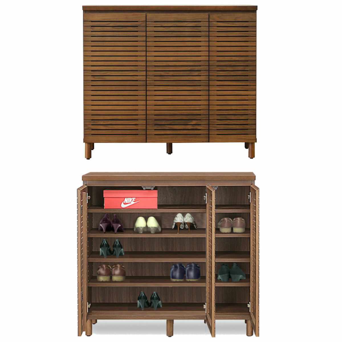 シューズキャビネット 幅110cm 約20足収納 天然木 完成品 ( 靴箱 シューズボックス 下駄箱 玄関収納 ルーバー扉 玄関 靴 収納 通気性 シューズ ラック 木目調 おしゃれ 家族 納戸 シューズクローク 木製 ) 【ナチュラル】 ナチュラル