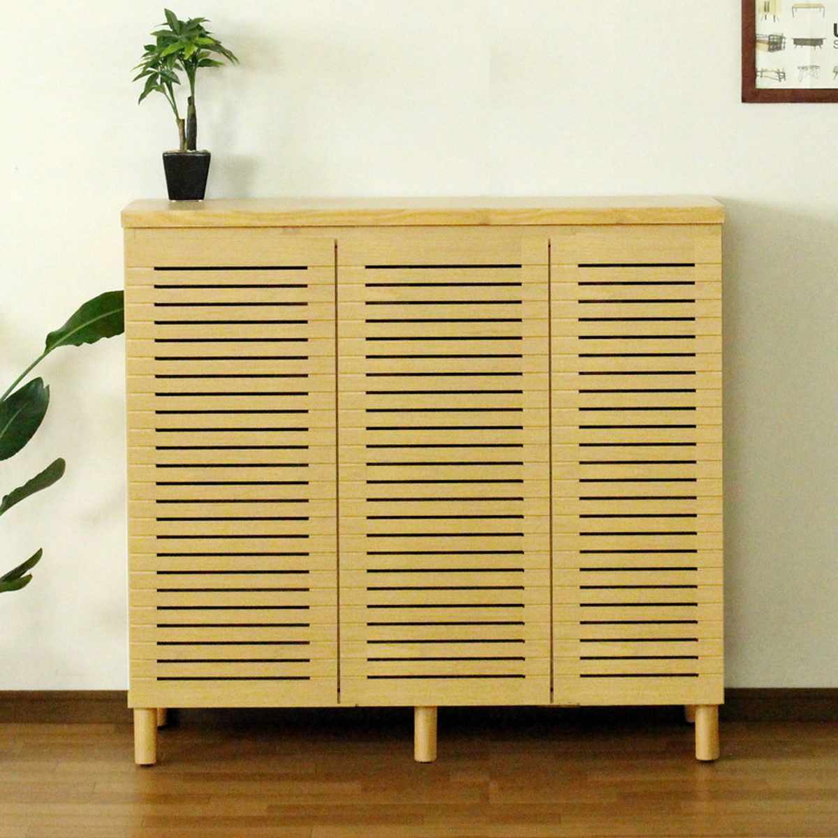 シューズキャビネット 幅110cm 約20足収納 天然木 完成品 ( 靴箱 シューズボックス 下駄箱 玄関収納 ルーバー扉 玄関 靴 収納 通気性 シューズ ラック 木目調 おしゃれ 家族 納戸 シューズクローク 木製 ) 【ナチュラル】 ナチュラル