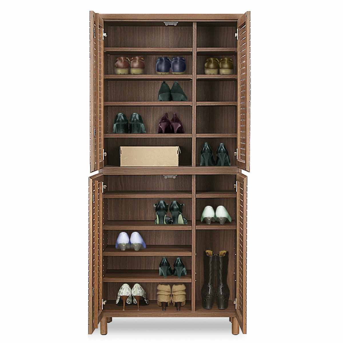 シューズキャビネット ハイタイプ 幅80cm 約30足収納 天然木 完成品 ( 靴箱 シューズボックス 下駄箱 玄関収納 ルーバー扉 玄関 靴 収納 スリム 通気性 シューズ ラック 木目調 おしゃれ 家族 納戸 シューズクローク 木製 ) 【ウォールナット】 ウォールナット