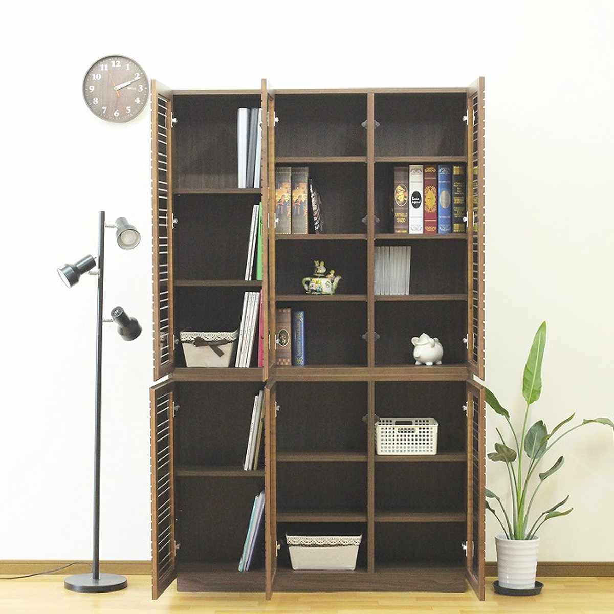 スリムキャビネット 幅120cm 背面化粧 天然木 ( キャビネット 奥行スリム リビング収納 棚 ラック 可動棚 木製 リビングボード 食器棚 ナチュラル ウォールナット A4対応 ) 【ウォールナット】 ウォールナット