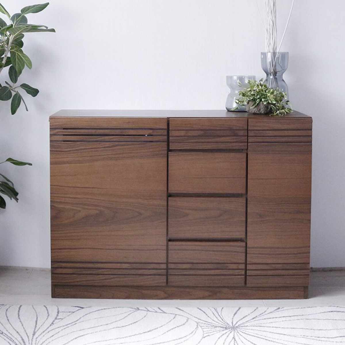 サイドボード 幅120cm 木目 背面化粧 天然木 完成品 ( チェスト 4段 A4対応 棚 ラック 引き出し 扉収納 収納 テレビ台 リビングボード プリンター収納 デッキ収納 可動棚 シンプル )