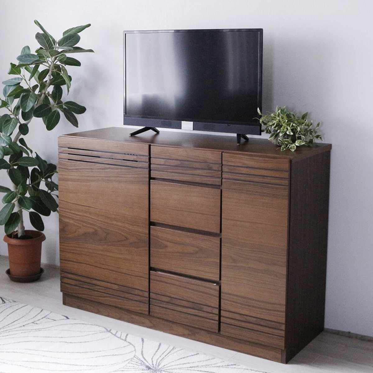 サイドボード 幅120cm 木目 背面化粧 天然木 完成品 ( チェスト 4段 A4対応 棚 ラック 引き出し 扉収納 収納 テレビ台 リビングボード プリンター収納 デッキ収納 可動棚 シンプル )