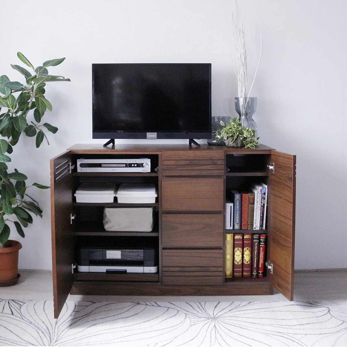 サイドボード 幅120cm 木目 背面化粧 天然木 完成品 ( チェスト 4段 A4対応 棚 ラック 引き出し 扉収納 収納 テレビ台 リビングボード プリンター収納 デッキ収納 可動棚 シンプル )