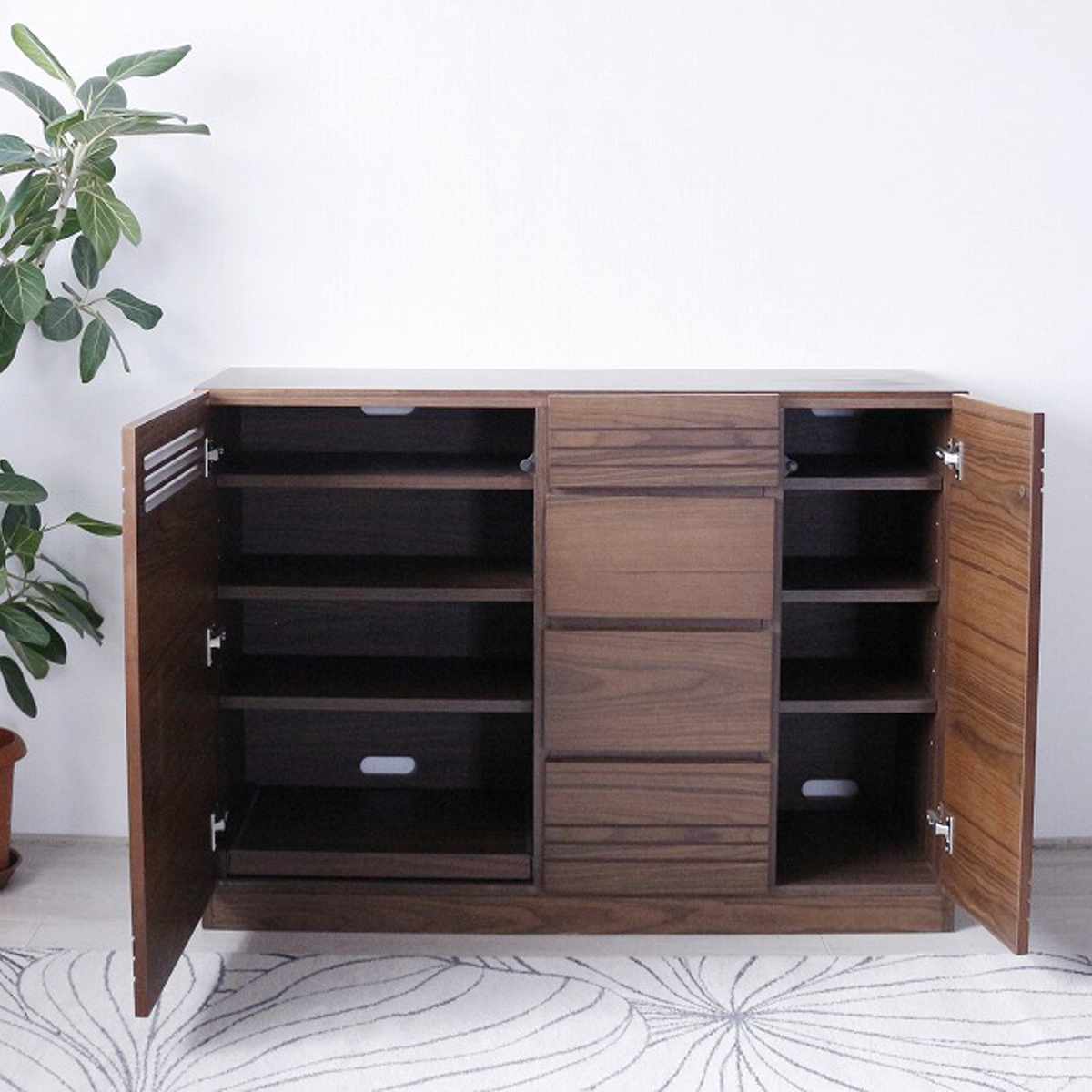 サイドボード 幅120cm 木目 背面化粧 天然木 完成品 ( チェスト 4段 A4対応 棚 ラック 引き出し 扉収納 収納 テレビ台 リビングボード プリンター収納 デッキ収納 可動棚 シンプル )