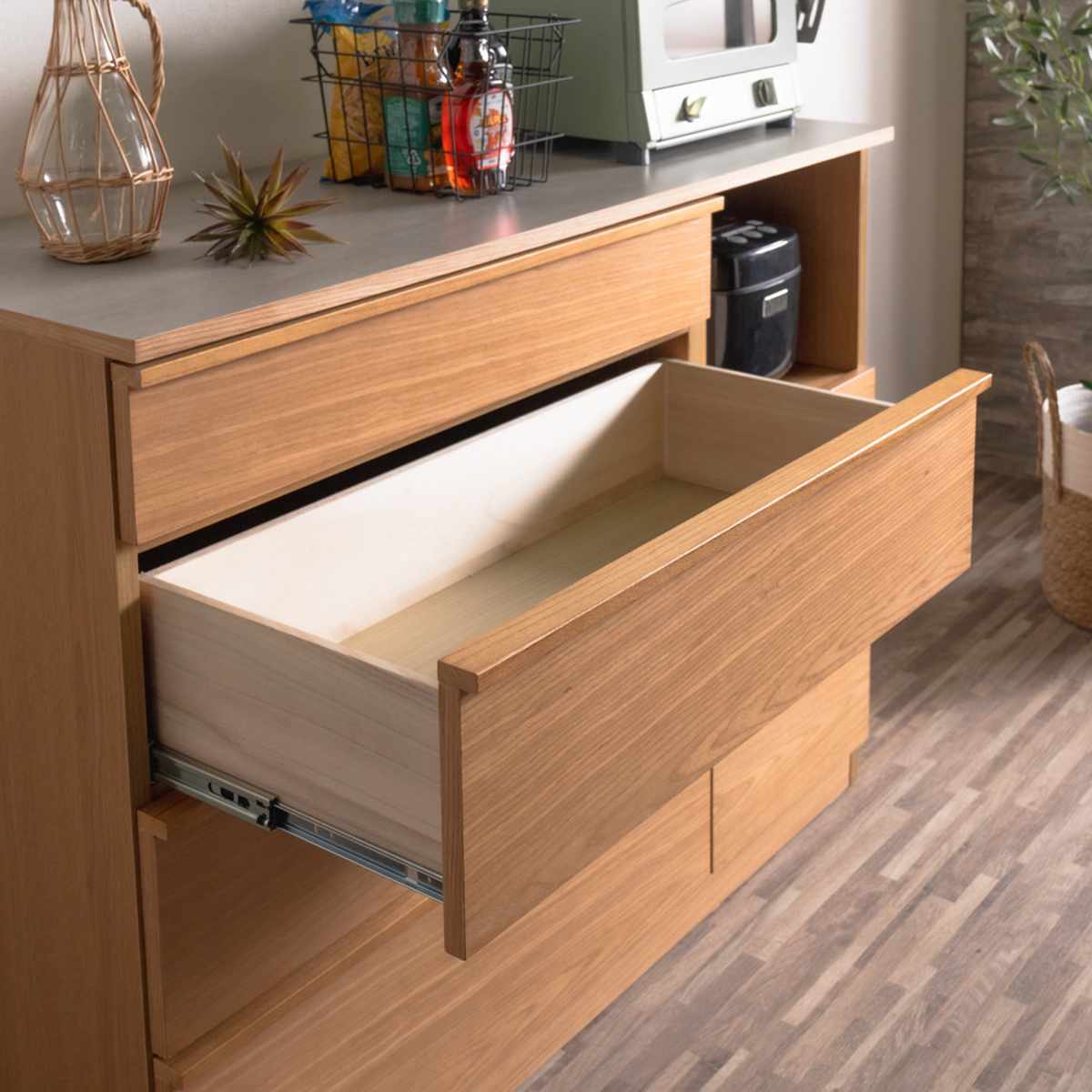 キッチンカウンター 幅120cm メラミン天板 天然木 完成品 ( カウンター キッチン 収納 フルスライドレール 木製 リビングボード 引き出し 5段 可動棚 ソフトクローズ シンプル )