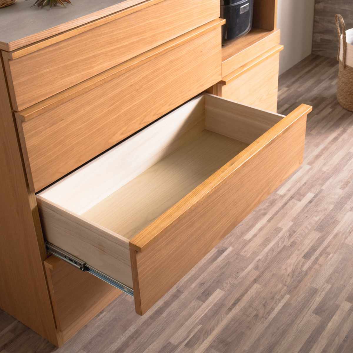 キッチンカウンター 幅120cm メラミン天板 天然木 完成品 ( カウンター キッチン 収納 フルスライドレール 木製 リビングボード 引き出し 5段 可動棚 ソフトクローズ シンプル )
