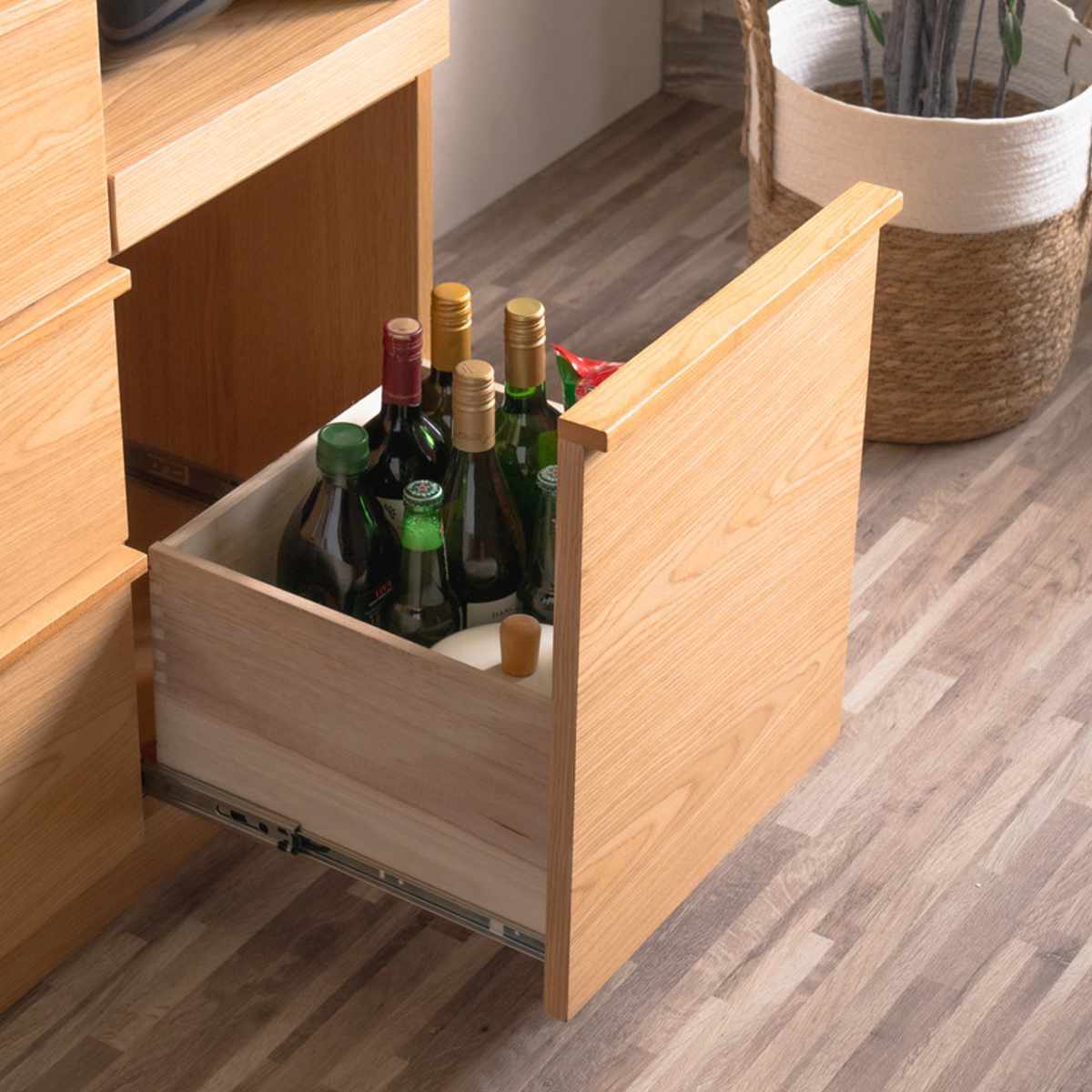 キッチンカウンター 幅120cm メラミン天板 天然木 完成品 ( カウンター キッチン 収納 フルスライドレール 木製 リビングボード 引き出し 5段 可動棚 ソフトクローズ シンプル )