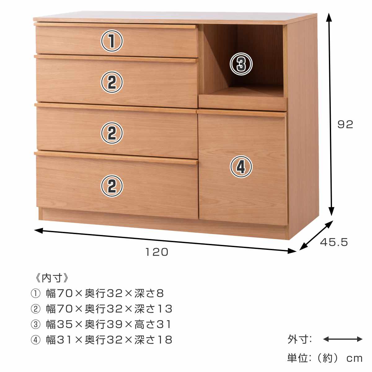 キッチンカウンター 幅120cm メラミン天板 天然木 完成品 ( カウンター キッチン 収納 フルスライドレール 木製 リビングボード 引き出し 5段 可動棚 ソフトクローズ シンプル )