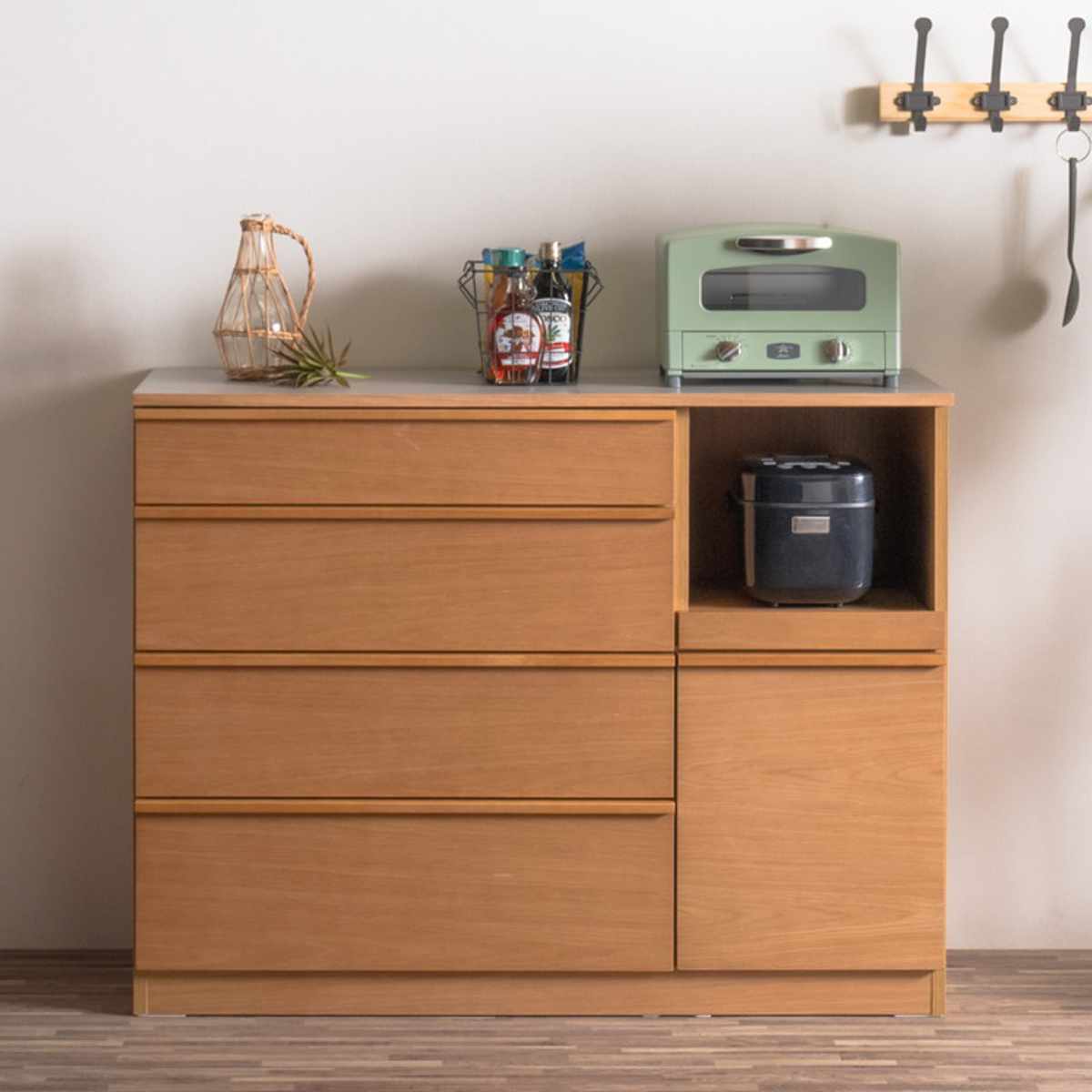 キッチンカウンター 幅120cm メラミン天板 天然木 完成品 ( カウンター キッチン 収納 フルスライドレール 木製 リビングボード 引き出し 5段 可動棚 ソフトクローズ シンプル )