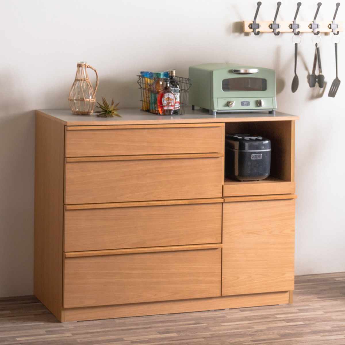 キッチンカウンター 幅120cm メラミン天板 天然木 完成品 ( カウンター キッチン 収納 フルスライドレール 木製 リビングボード 引き出し 5段 可動棚 ソフトクローズ シンプル )