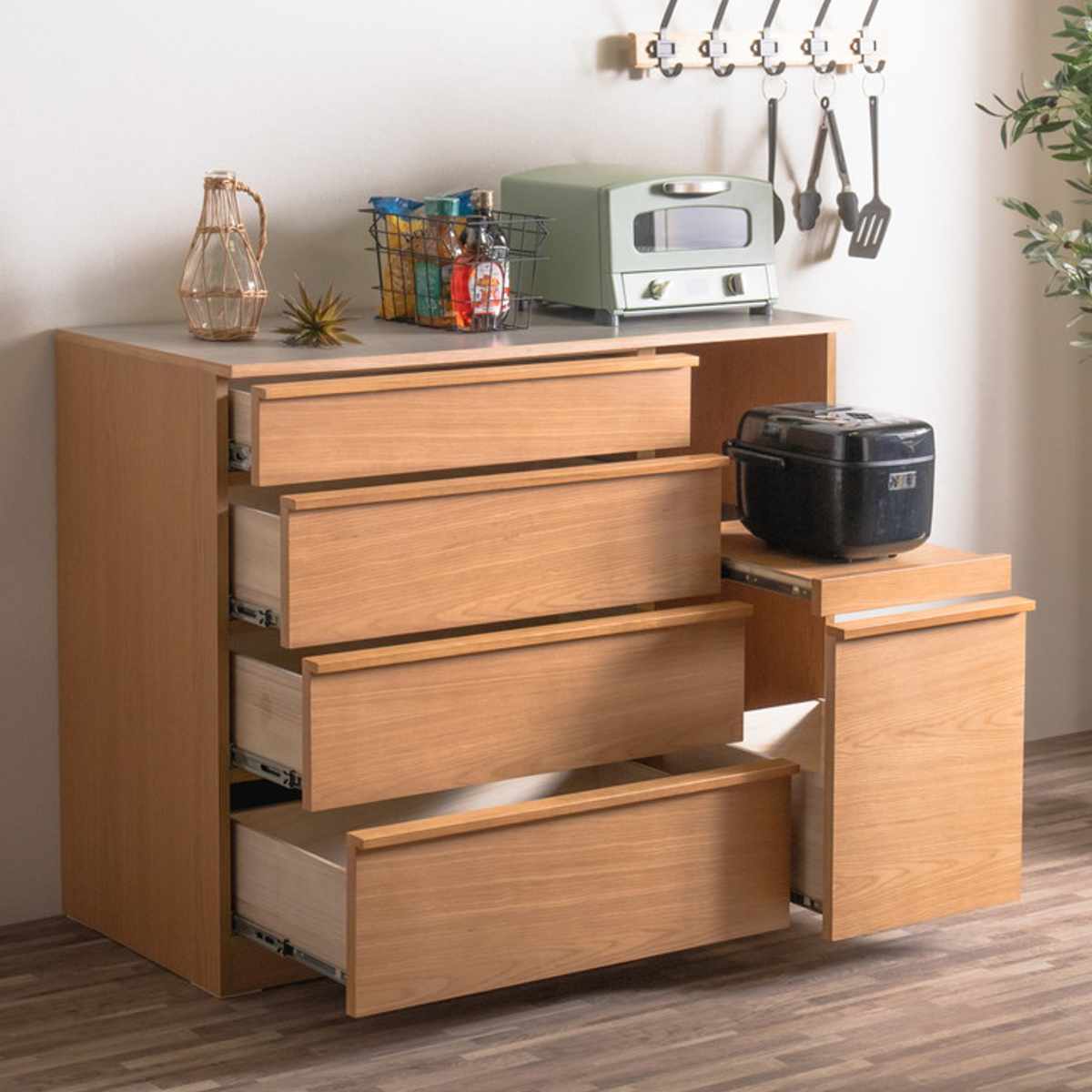 キッチンカウンター 幅120cm メラミン天板 天然木 完成品 ( カウンター キッチン 収納 フルスライドレール 木製 リビングボード 引き出し 5段 可動棚 ソフトクローズ シンプル )