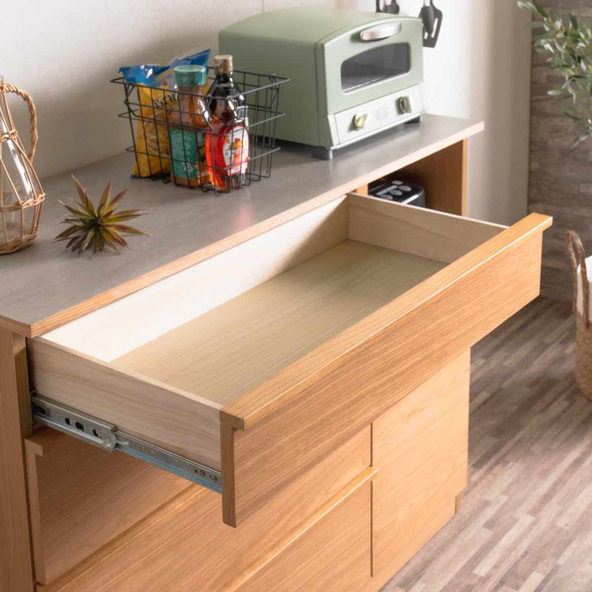 キッチンカウンター 幅120cm メラミン天板 天然木 完成品 ( カウンター キッチン 収納 フルスライドレール 木製 リビングボード 引き出し 5段 可動棚 ソフトクローズ シンプル )