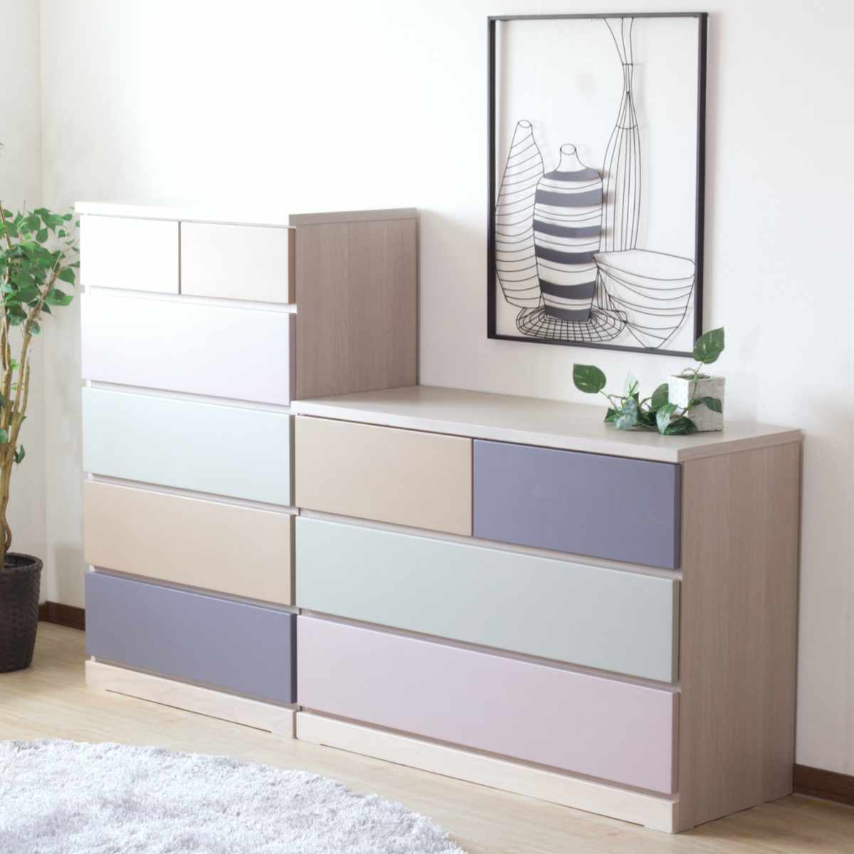 チェスト 幅110cm 3段4杯 パステルカラー 天然木 完成品 ( デザインチェスト 棚 ラック 収納 引き出し 組み換え リビングボード ローチェスト 3段 フルスライドレール 木目 背面化粧 )